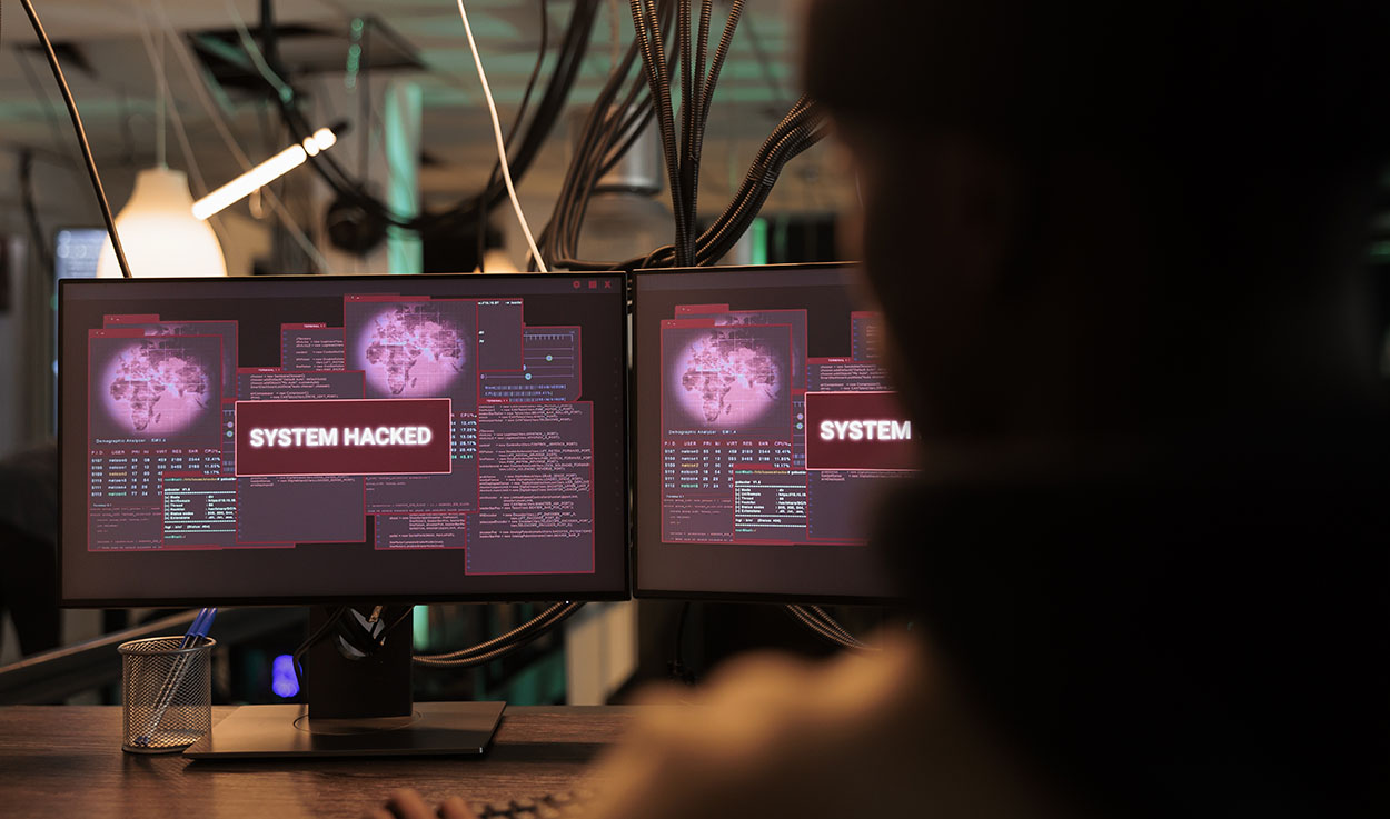 System Hacked Alert Message Computer Screen Hacker Breaking Into Database Server Criminal Cyberattack Malicious Software Password Cracking Program Information Stealing